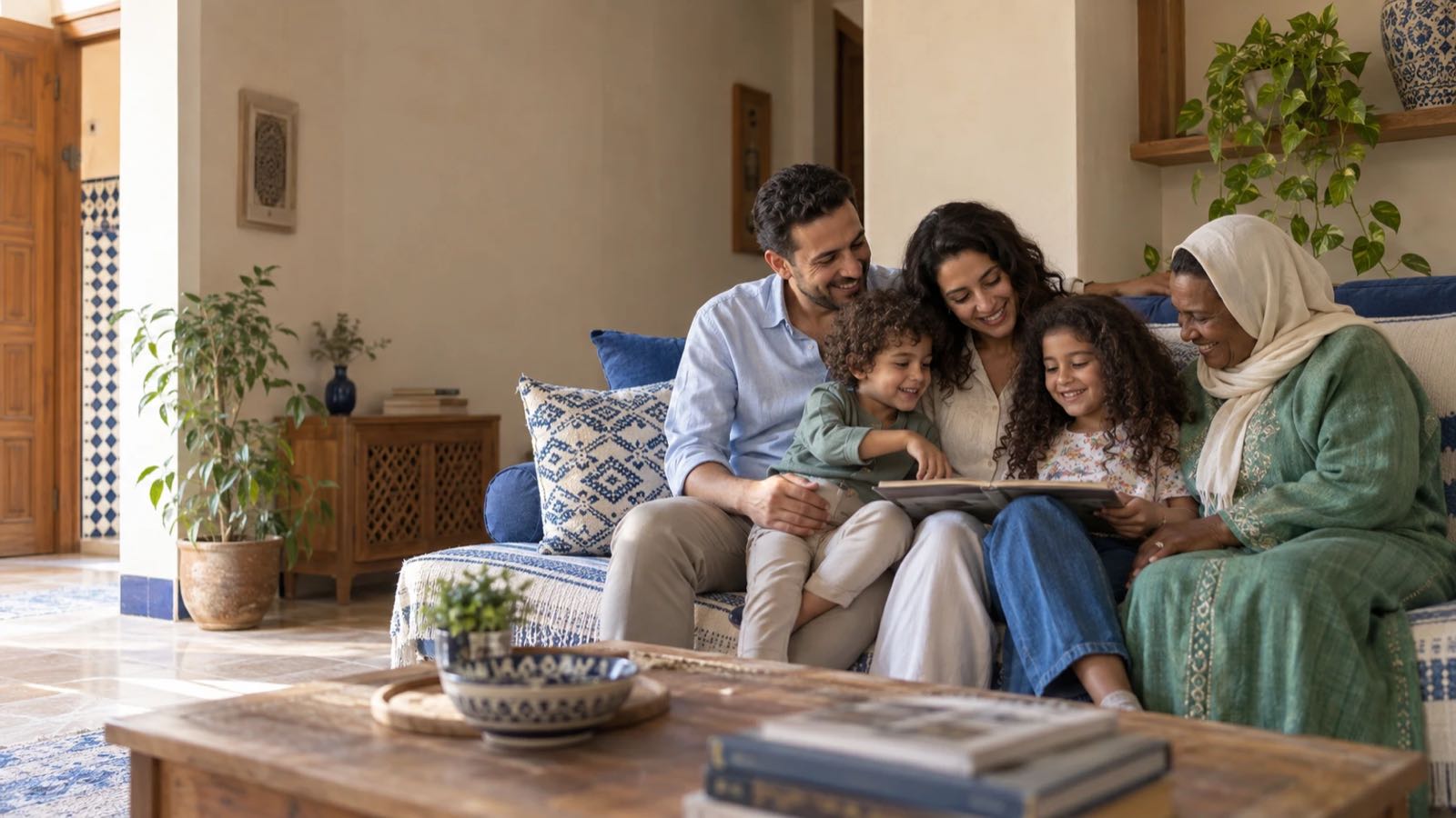 Trois générations d’une famille réunies dans le salon de leur maison