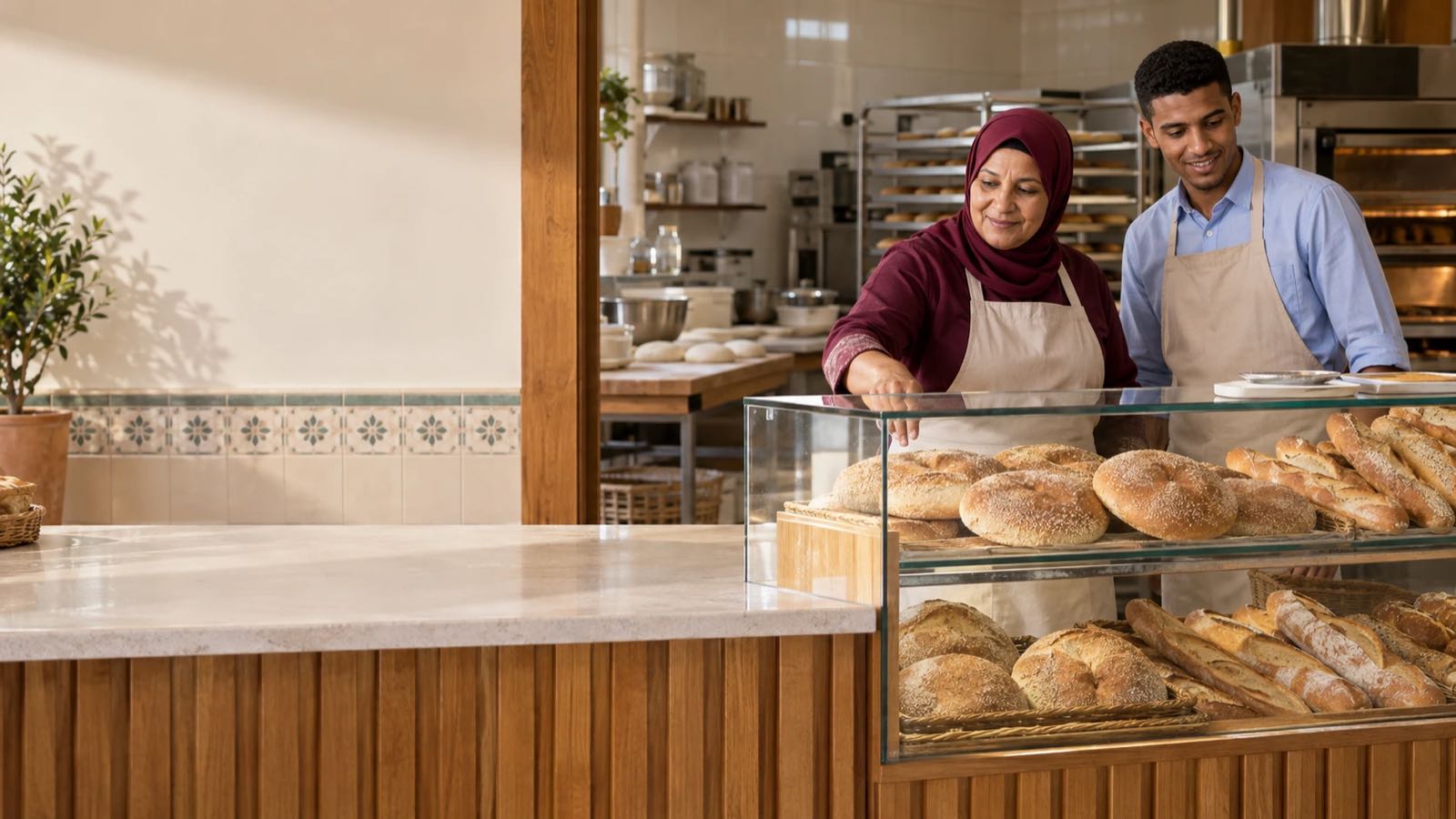 Une boulangère et son associé derrière la vitrine à pains de leur commerce