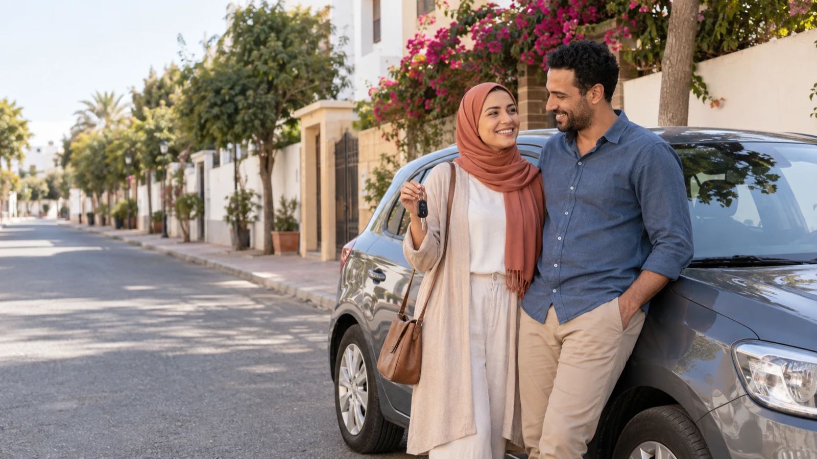 Un couple souriant, les clés de leur voiture à la main, dans une rue bordée de bougainvilliers